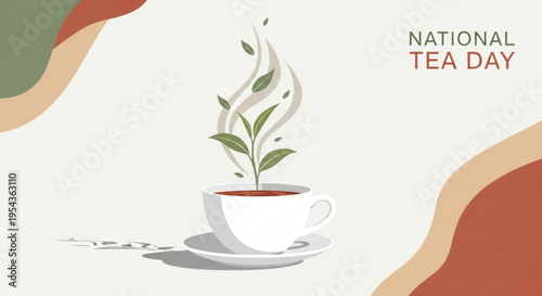 Steaming cup of tea with leaves on national tea day celebration background