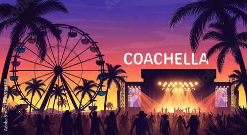 Coachella music festival at sunset with palm trees and ferris wheel