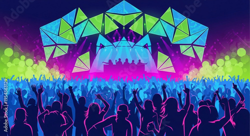 Vibrant festival crowd enjoying live music concert with colorful geometric stage design and neon lights at night