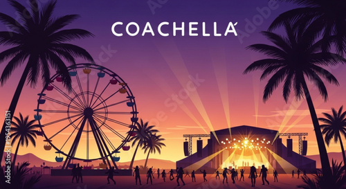 Coachella music festival at sunset with palm trees and ferris wheel