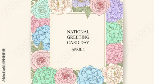 National greeting card day april 1st colorful floral border design with roses and hydrangeas
