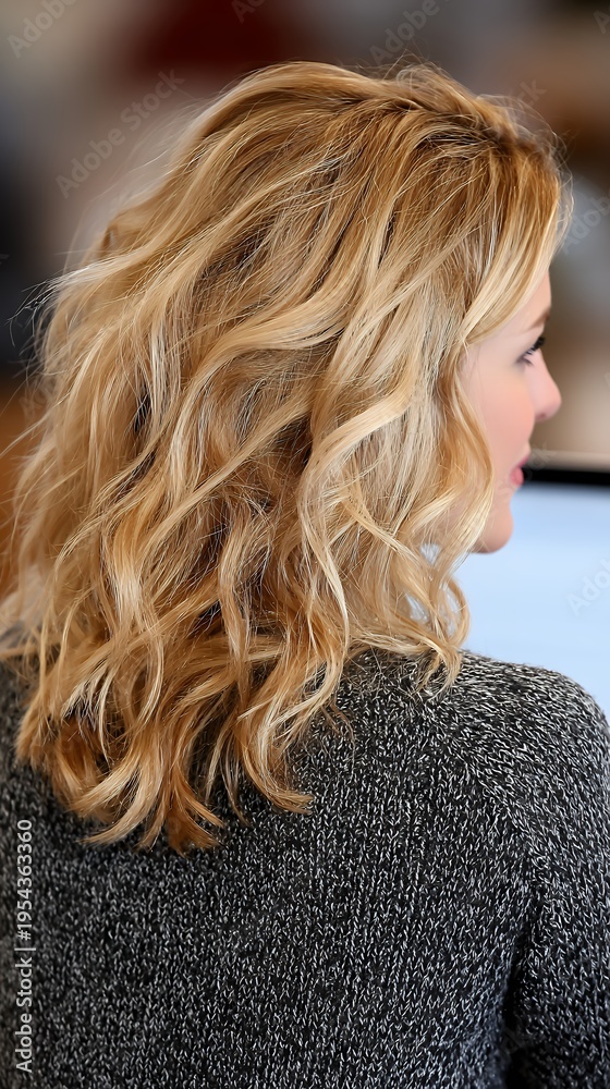 Naklejka premium Woman with Beautiful Curly Blonde Hair Sitting at Desk in Office