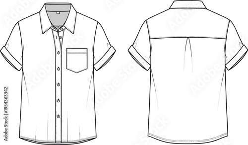 Short sleeve button down shirt technical drawing front and back view casual menswear fashion vector apparel design template illustration