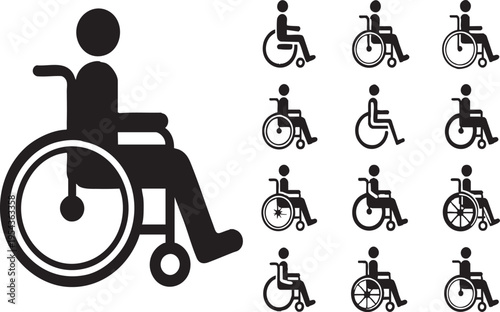 Black wheelchair icon set for disability accessibility, isolated on white background