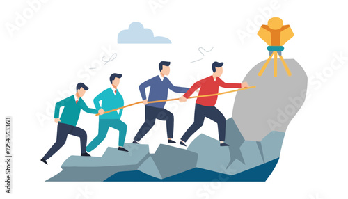 Teamwork vector illustration of four men pulling a rope to move a mountain with a trophy on top