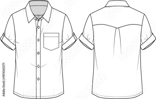 Short sleeve shirt technical drawing front and back view casual menswear fashion button down vector apparel design template illustration