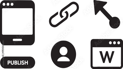 Black web sharing icons, publish button, link and cursor set, transparent background