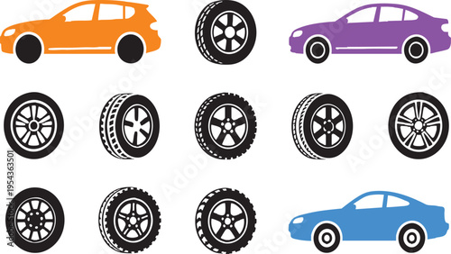 Car Wheel Icons and Vehicle Silhouettes Set, Black Tire Alloy Rims, Isolated PNG