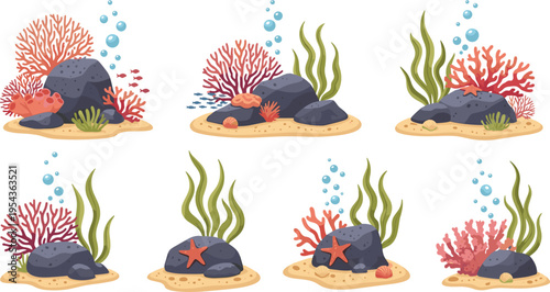 Underwater Coral Reef Collection with Rocks Algae Starfish and Bubbles Ocean Nature Scene Vector Illustration Set