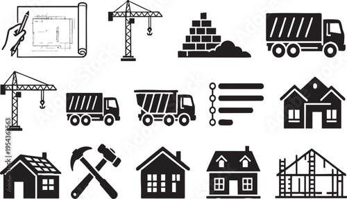 Construction and Real Estate Icon Set, Building Tools and Trucks, Transparent Background