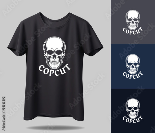 T-shirt with a skull design and Copcut logo on a gray background