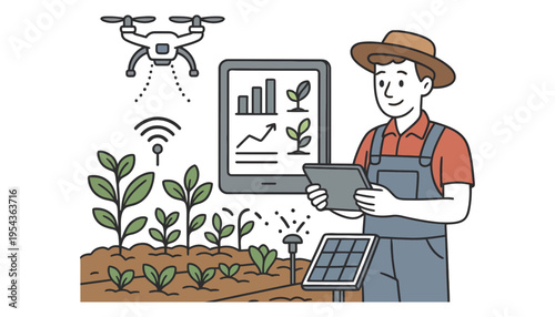A farmer using a tablet with a drone and solar panel for smart farming