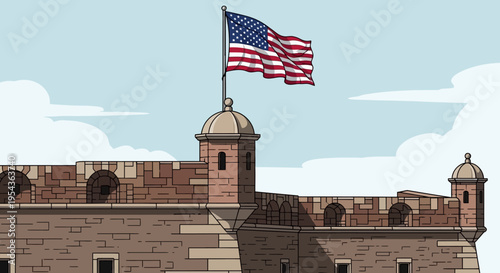 American Flag on Fortress Wall Structure.