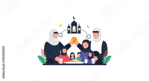 happy muslim family breaking fast on ramadan