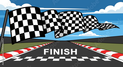 Checkered flags waving at finish line.