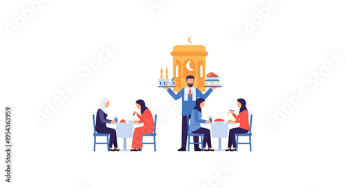 waiter serving food to couples at restaurant tables