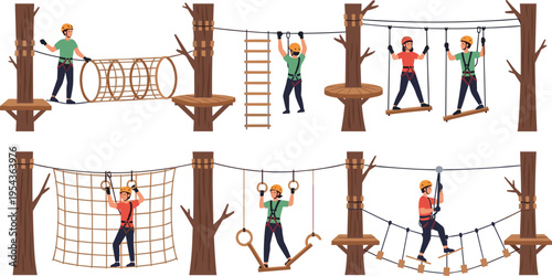 Outdoor Rope Course Adventure Collection with Climbing, Balance, and Obstacle Challenges in Forest Tree Park Vector Illustration Set