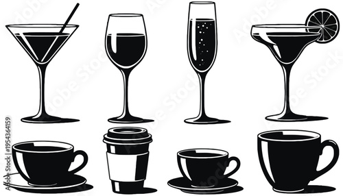 A set of black and white icons of various drinks and cups