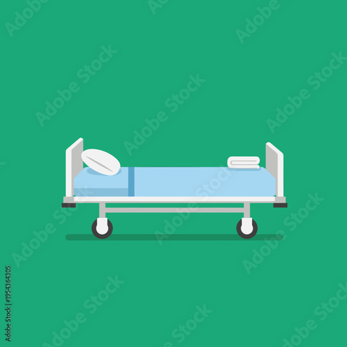 Hospital Bed with White Frame and Blue Mattress.