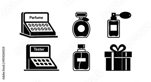 Perfume and beauty vector icon set. Features elegant fragrance bottles, retail display stands, and a charming gift box, ideal for cosmetic branding and marketing materials