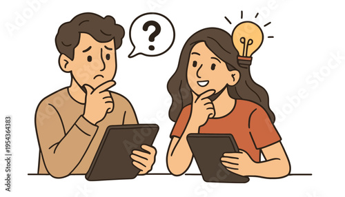 A cartoon illustration of a man and woman with tablets and ideas