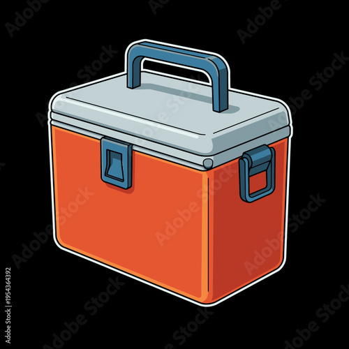 Orange Cooler Box with Blue Handles.