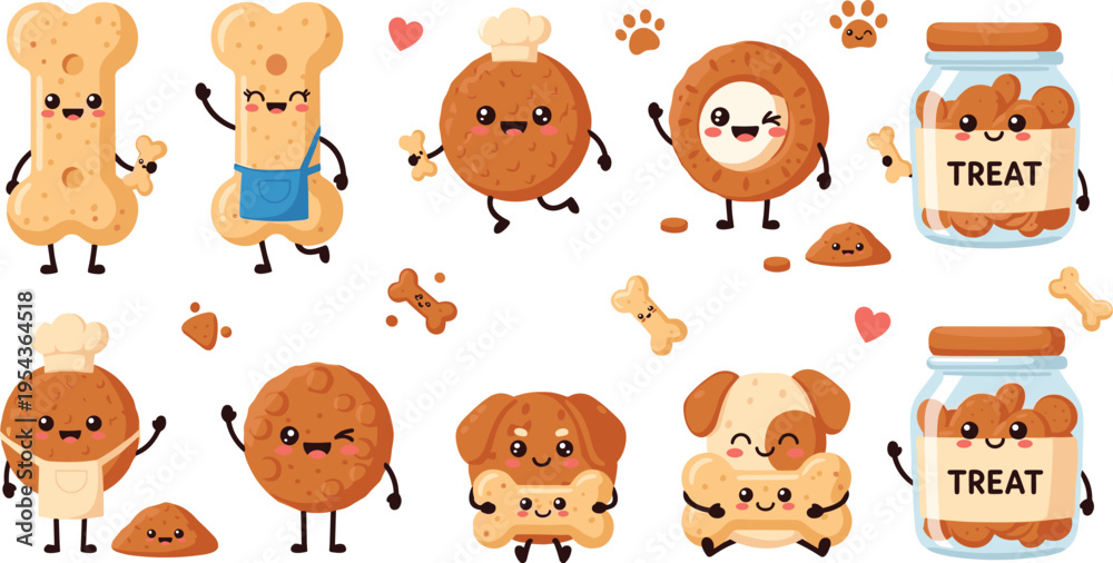 Fototapeta premium Cute Dog Treat and Biscuit Characters Collection with Bone Cookies Jar Snacks Paw Prints Cartoon Vector Illustration Set