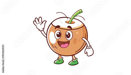 A cartoon coconut character waving with a happy expression on its face