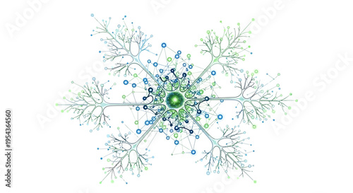 Neural network connections with blue and green nodes on white background