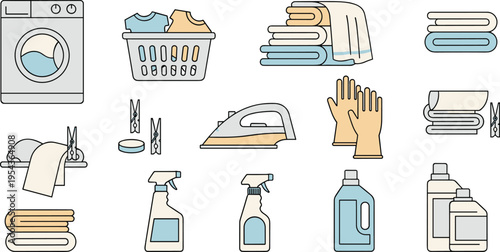 Laundry and Cleaning Icons Collection with Washing Machine Basket Detergent Towels Iron Gloves and Household Hygiene Vector Illustration Set