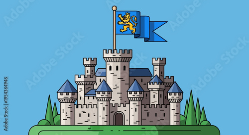 Medieval Castle with Blue Roofs Towers.