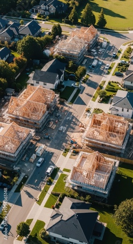 Aerial view of a residential construction site with multiple houses under construction, showcasing urban development and housing growth.
