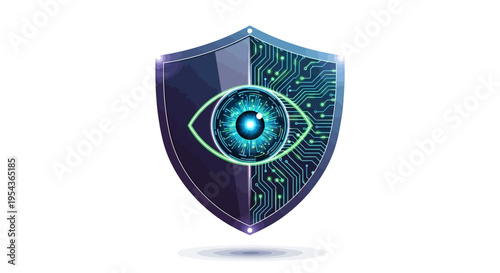 Cyber security shield with eye on circuit board background protection