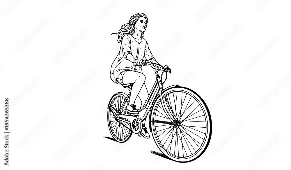 Fototapeta premium Black and white girl cycling line art vector illustration detailed female bicycle sketch isolated