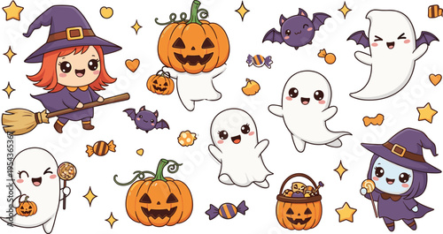 Cute Halloween Ghost and Witch Characters Collection with Pumpkin Candy Bats Stars and Spooky Cartoon Elements Vector Illustration Set