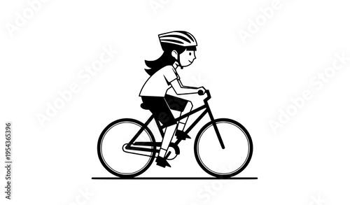 Girl riding bicycle flat vector illustration black and white minimal female cycling isolated on white