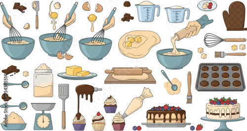 Complete Baking Workflow and Dessert Preparation Collection with Mixing Ingredients Dough Rolling Cupcakes Cakes and Kitchen Tools Vector Illustration Set