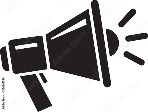 Black megaphone with handle and sound waves on white background