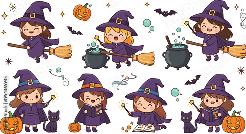 Cute Halloween Witch Girl Characters Collection with Pumpkin Cat Broom Cauldron Magic Spells Cartoon Style Vector Illustration Set