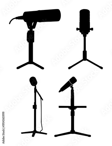 Broadcasting microphone set with a solid black silhouette design featuring media production, audio equipment, podcasting with sound recording and studio accessories