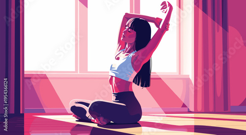 Beautiful Yoga Illustration Vector, Peaceful Woman Meditating in Sunlit Room, Vibrant Colors for Wellness and Lifestyle Content