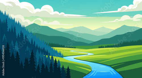 Photos Serene Landscape Vector Illustration Featuring a Winding River Through Green Val