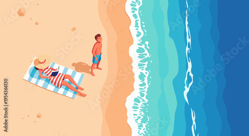 Serene Beach Scene Vector Illustration Couple Relaxing on a Sandy Shoreline with Gentle Ocean Waves