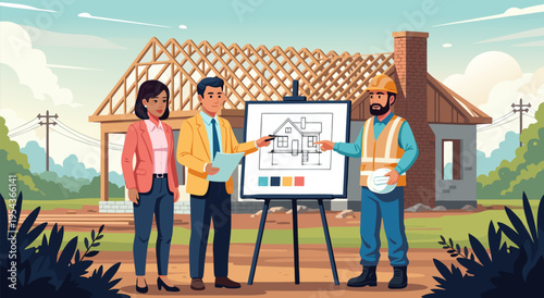 Architects and Builders Discussing House Plans in a Vector Illustration with a House Under Construction in the Background