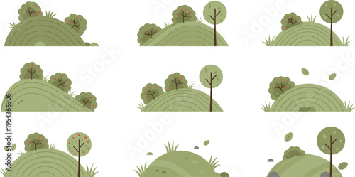Minimal Nature Landscape Hills Vector Set Featuring Abstract Green Fields Trees Bushes and Scenic Outdoor Illustration Collection Design
