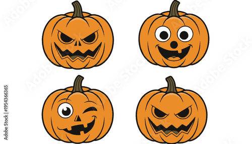 A set of cartoon pumpkin faces with different expressions and eyes