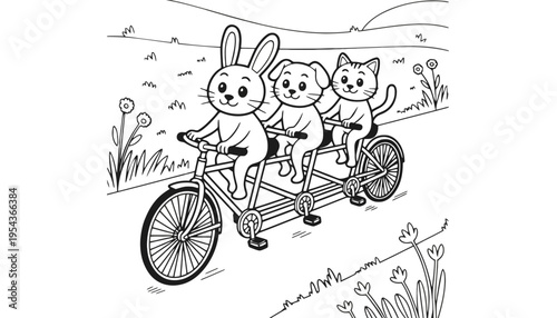 A rabbit and two cats riding a tandem bicycle in a field