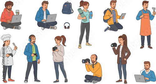 Modern People Lifestyle Activities Vector Set Featuring Students Working Using Laptop Listening Music Traveling and Creative Freelance Illustration Collection