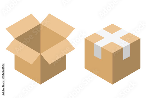 3D Box and packaging vector icon set. Open and silpack box icons. cargo, box, pack, crumpled box, delivery box icons. Openbox delivery symbol. Vector illustration.