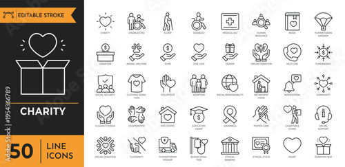 Charity outline icon set. Editable stroke. Vector illustration